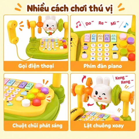Điện Thoại Thỏ Để Bàn, Đồ Chơi Đa Năng Có Đàn Piano Đèn Nhạc Cho Bé