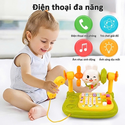 Điện Thoại Thỏ Để Bàn, Đồ Chơi Đa Năng Có Đàn Piano Đèn Nhạc Cho Bé