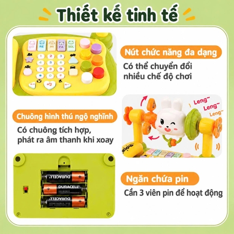 Điện Thoại Thỏ Để Bàn, Đồ Chơi Đa Năng Có Đàn Piano Đèn Nhạc Cho Bé