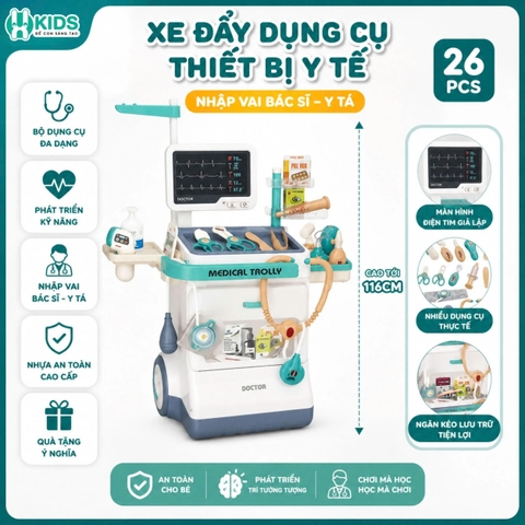 Xe Đẩy Bác Sĩ Đồ Chơi 26 Chi Tiết Size Đại Có Máy Đo Huyết Áp Cho Bé