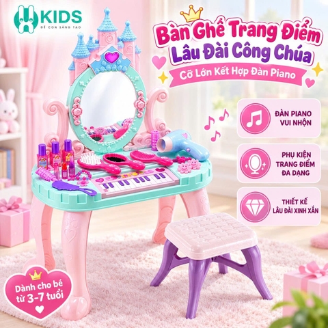 Đồ chơi bàn ghế trang điểm lâu đài công chúa cỡ lớn kết hợp đàn piano cho bé gái kèm máy sấy điện có đèn nhạc