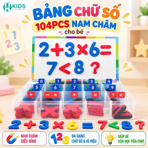 Bảng Chữ Số 104PCS Nam Châm, Lắp Ghép Có Từ Tính Cho Bé, Tặng Kèm Bảng Từ + Bút Viết Và Mút Xóa