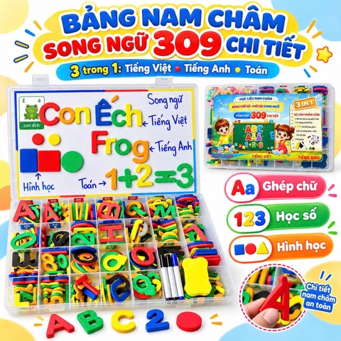 Bảng Nam Châm Chữ Số & Chữ Cái Song Ngữ Anh Việt 3IN1 - 309 Chi Tiết - Giúp Bé Học Tiếng Việt, Tiếng Anh và Toán