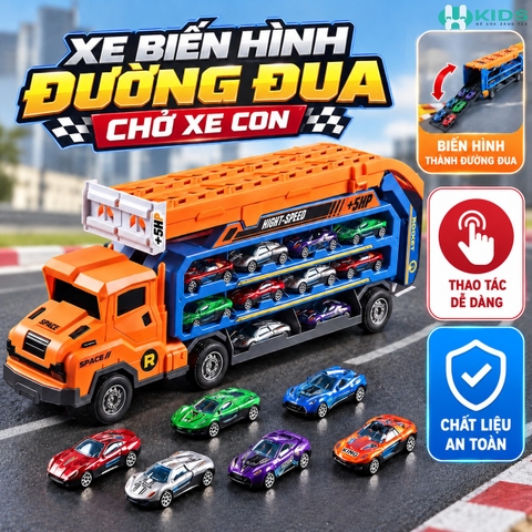 Xe Tải Chở Ô Tô Biến Hình Đường Đua Cho Bé – Kèm 6 Xe Con Hợp Kim