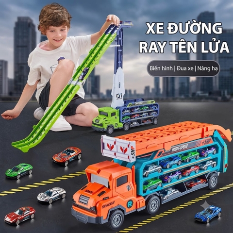 Xe Tải Chở Ô Tô Biến Hình Đường Đua Cho Bé – Kèm 6 Xe Con Hợp Kim