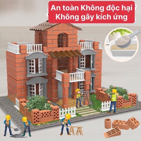 Đồ chơi lắp ráp xây nhà gạch mini mô phỏng như thật cho bé nhập vai thợ hồ kĩ sư xây dựng có sẵn dụng cụ, xi măng