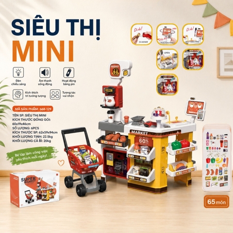 Đồ chơi quầy bán hàng siêu thị cỡ lớn kèm xe đẩy với máy quẹt thẻ, mã vạch có hiệu ứng âm thanh ánh sáng cho bé