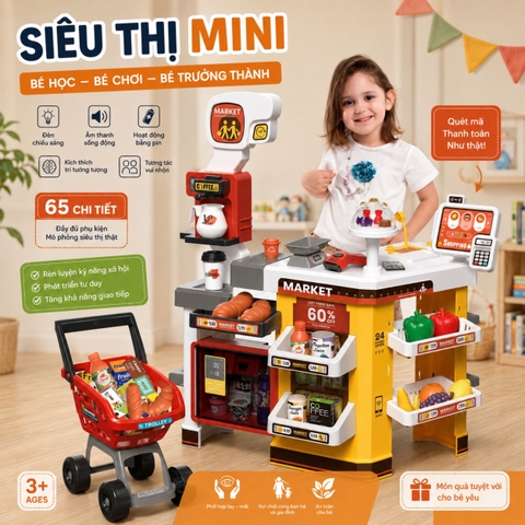 Đồ chơi quầy bán hàng siêu thị cỡ lớn kèm xe đẩy với máy quẹt thẻ, mã vạch có hiệu ứng âm thanh ánh sáng cho bé