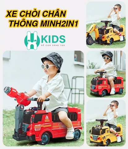 Xe chòi chân scooter thông minh biến dạng 2in1 mô phỏng ô tô cứu hoả có vòi phun nước, máy xúc cần cẩu cho bé
