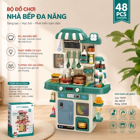 Đồ chơi nhà bếp cỡ lớn cao 72cm - 100cm nấu ăn có máy hấp trứng, vòi nước kèm hiệu ứng đèn âm thanh cho bé