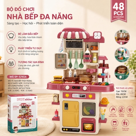 Đồ chơi nhà bếp cỡ lớn cao 72cm - 100cm nấu ăn có máy hấp trứng, vòi nước kèm hiệu ứng đèn âm thanh cho bé