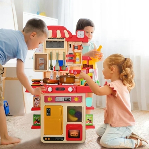 Đồ chơi nhà bếp cỡ lớn cao 72cm - 100cm nấu ăn có máy hấp trứng, vòi nước kèm hiệu ứng đèn âm thanh cho bé