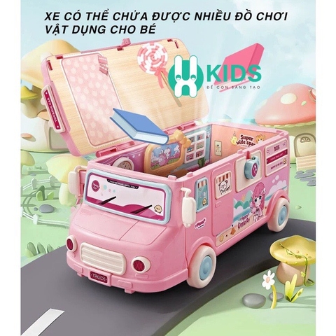 Đồ chơi xe bus màu hồng biến hình thành ngôi nhà búp bê đầy đủ nội thất phụ kiện dễ thương cho bé gái
