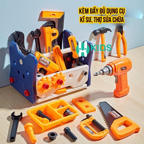 Đồ chơi ốc vít, lắp ráp kĩ sư 2in1 kết hợp ghế ngồi cỡ lớn cho bé có máy khoan điện, dụng cụ sửa chữa cho bé