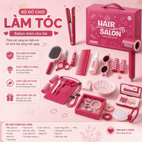 Bộ Đồ Chơi Làm Tóc Cho Bé Hair Salon 23 Chi Tiết Kèm Máy Sấy Và Máy Duỗi Tóc