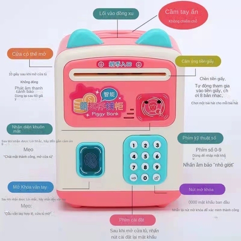 Két sắt mini cho bé mở khoá bằng vân tay, nhận dạng khuôn mặt hình chú mèo