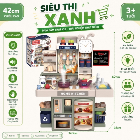 Đồ Chơi Nhà Bếp Châu Âu Cỡ Lớn 42cm Có Khói Và Vòi Nước Thật Kèm 48+ Phụ Kiện