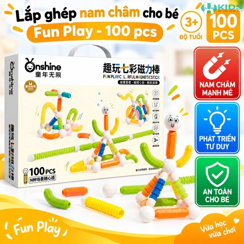 Bộ Lắp Ghép Nam Châm Fun Play 100 Chi Tiết – Que Nam Châm Uốn Dẻo Cho Bé 3+