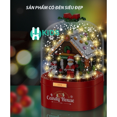 Hộp nhạc giáng sinh lắp ghép xếp hình người tuyết, cây thông noel có tuyết rơi tự động xoay 360 độ và đèn bắt mắt