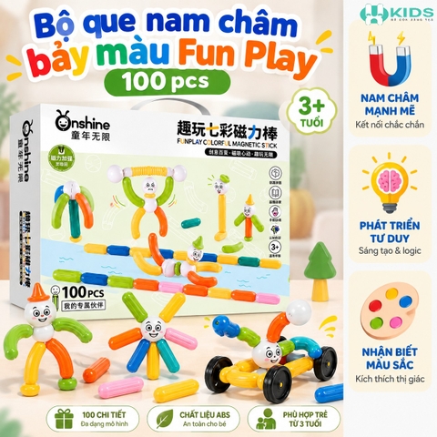 Bộ Que Nam Châm Bảy Màu Fun Play 100 Chi Tiết – Lắp Ghép Sáng Tạo Cho Bé 3+