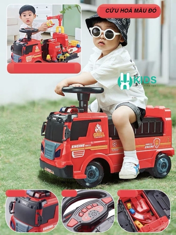 Xe chòi chân scooter thông minh biến dạng 2in1 mô phỏng ô tô cứu hoả có vòi phun nước, máy xúc cần cẩu cho bé