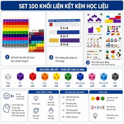 Linking Cubes Montessori - Bộ Học Liệu STEM Giúp Bé Học Toán, Đếm Số Và Phát Triển Tư Duy