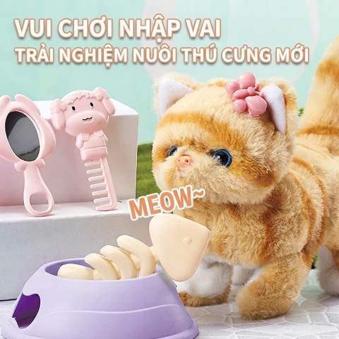 Mèo Bông Điện Tử Biết Đi Phát Âm Thanh Kèm Lồng Và Bộ Chăm Sóc