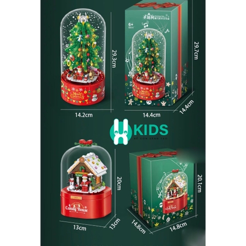Hộp nhạc giáng sinh lắp ghép xếp hình người tuyết, cây thông noel có tuyết rơi tự động xoay 360 độ và đèn bắt mắt