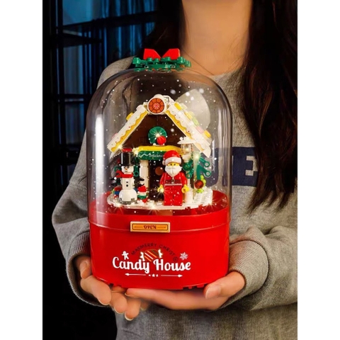 Hộp nhạc giáng sinh lắp ghép xếp hình người tuyết, cây thông noel có tuyết rơi tự động xoay 360 độ và đèn bắt mắt