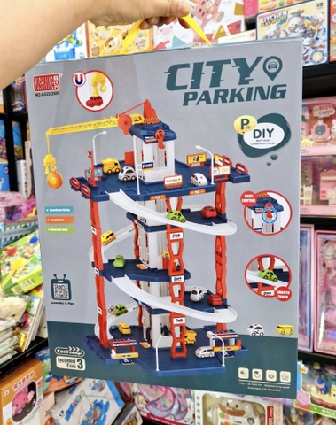 Đồ Chơi Bãi Đỗ Xe 3 Tầng Cho Bé Kèm 3 Xe – Đường Ray Ô Tô City Parking Có Cần Cẩu, Lắp Ráp DIY
