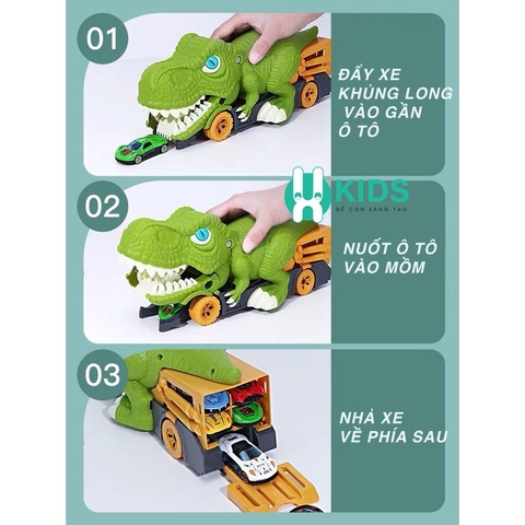 Đồ chơi xe khủng long bạo chúa nuốt ô tô kèm nhiều oto hợp kim cao cấp kích thước lớn cho bé