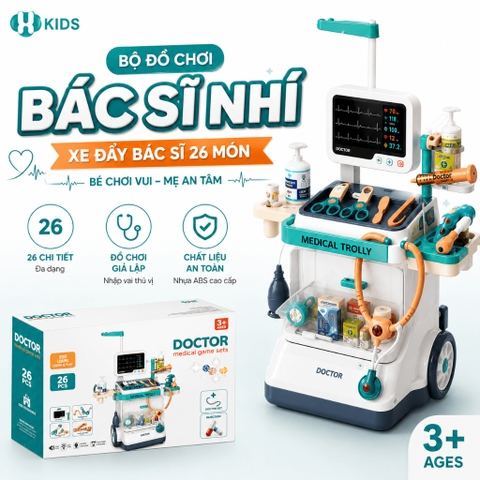 Xe Đẩy Bác Sĩ Đồ Chơi 26 Chi Tiết Size Đại Có Máy Đo Huyết Áp Cho Bé