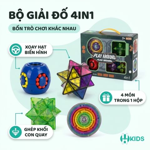 Bộ Đồ Chơi Giải Đố 4IN1 XKIDS – Bộ 4 Trò Chơi Xoay Hạt, Biến Hình, Ghép Khối Và Con Quay