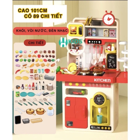 Đồ chơi nhà bếp cỡ lớn cao 100cm 89 chi tiết nấu ăn có máy hấp trứng, vòi nước kèm hiệu ứng đèn âm thanh cho bé
