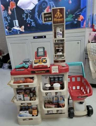 Đồ chơi quầy bán hàng siêu thị cỡ lớn kèm xe đẩy với máy quẹt thẻ, mã vạch có hiệu ứng âm thanh ánh sáng cho bé