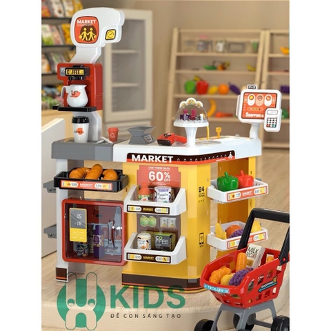 Đồ chơi siêu thị thế hệ mới 65 pcs cỡ đại bự kèm xe đẩy có quầy cà phê máy tính tiền, quẹt thẻ có nhạc cho bé