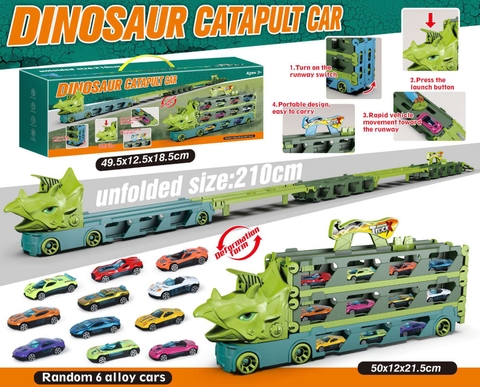 Xe tải container vận chuyển khủng long cỡ lớn biến hình đường ray ô tô siêu tốc dài 2m1 kèm nhiều ô tô cho bé