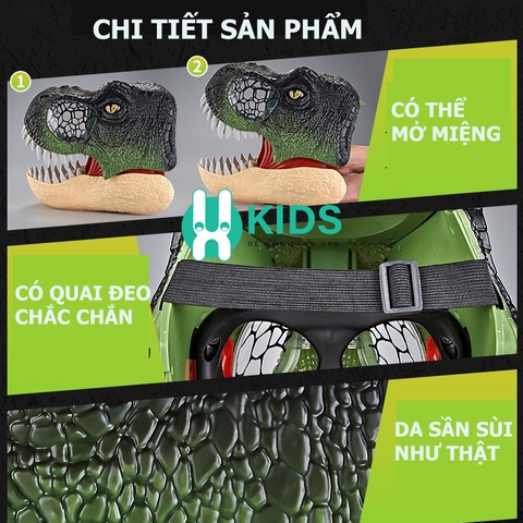 Đồ chơi khủng long hoá trang cỡ lớn, mặt nạ mũ trùm đầu hình khủng long có quai đeo kèm hiệu ứng nhạc đèn cho bé