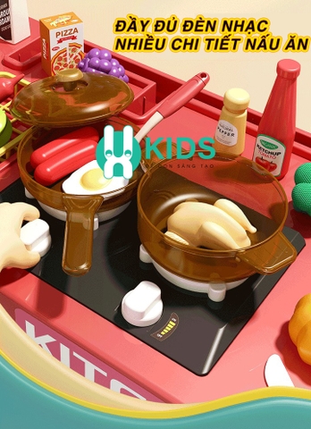 Đồ chơi nhà bếp cao cấp cao cỡ lớn 75cm có phun khói, vòi nước đèn nhạc kèm 48 chi tiết nấu ăn dễ thương cho bé