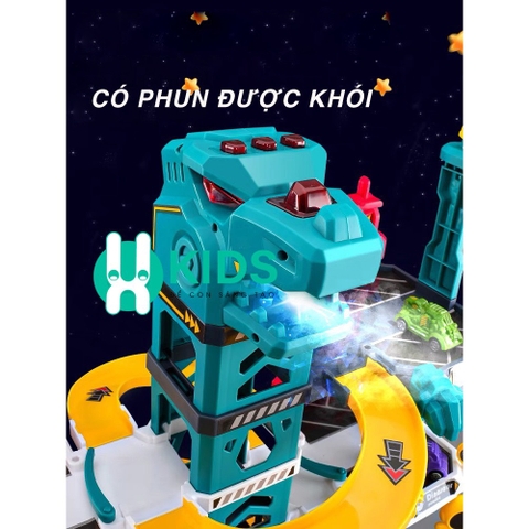 Đồ chơi lắp ráp đường đua ô tô kết hợp garage bãi đỗ xe 4 tầng mô hình khủng long cỡ lớn có phun khói đèn nhạc cho bé