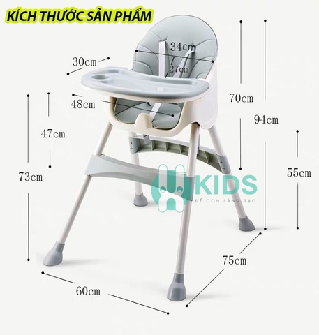 Ghế ăn dặm đa năng kích thước lớn, 2 chế độ chân, có thể gấp gọn, kèm túi đựng đồ tiện dụng cho bé từ 6 tháng