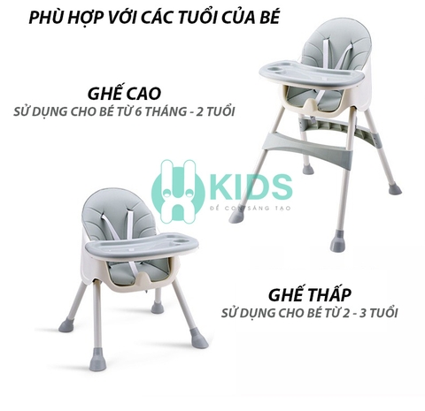 Ghế ăn dặm đa năng kích thước lớn, 2 chế độ chân, có thể gấp gọn, kèm túi đựng đồ tiện dụng cho bé từ 6 tháng