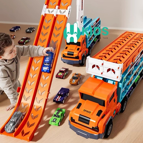 Đồ chơi xe ô tô container 3 tầng có cần cẩu biến dạng đường đua trượt kết hợp cỡ lớn kèm nhiều ô tô hợp kim cho bé