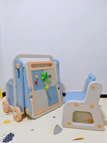 Bộ bàn xếp hình giáo dục cỡ lớn kèm bảng vẽ đa năng 6in1 cao cấp có kệ để đồ, bánh xe di chuyển gấp gọn dễ dàng cho bé
