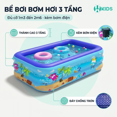 Bể bơi thành cao 3 tầng cao cấp cỡ lớn tới 2m6, hồ bơi phao bơm hơi điện dày dặn, đáy chống trơn trượt an toàn cho bé