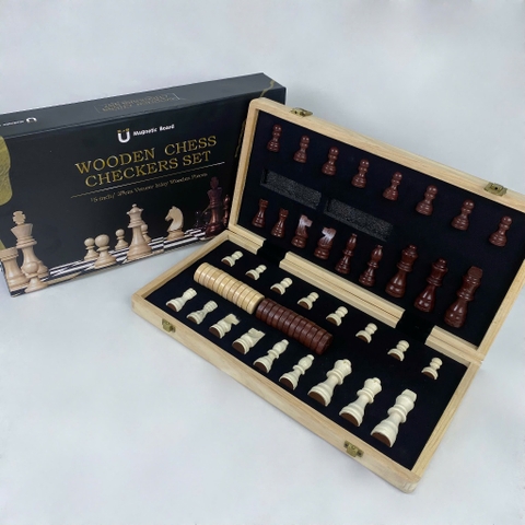 Bộ Cờ Vua Gỗ Sồi Nam Châm Gấp Gọn 2in1 Kèm Cờ Đam Cho Bé