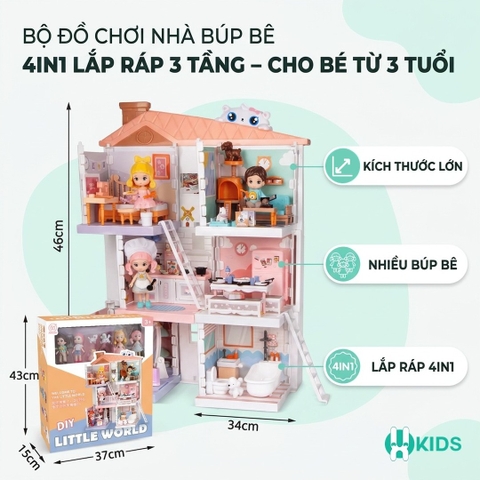 Bộ đồ chơi ngôi nhà búp bê cao cấp 4in1 lắp ráp 3 tầng kích thước lớn kèm nhiều búp bê siêu xinh dành cho bé gái