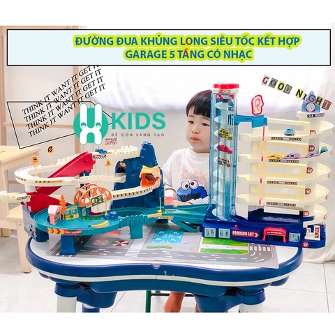 Full Bộ Đồ Chơi Đường Đua Khủng Long Siêu Tốc Kết Hợp Garage 5 Tầng Cho bé