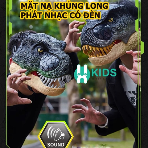 Đồ chơi khủng long hoá trang cỡ lớn, mặt nạ mũ trùm đầu hình khủng long có quai đeo kèm hiệu ứng nhạc đèn cho bé