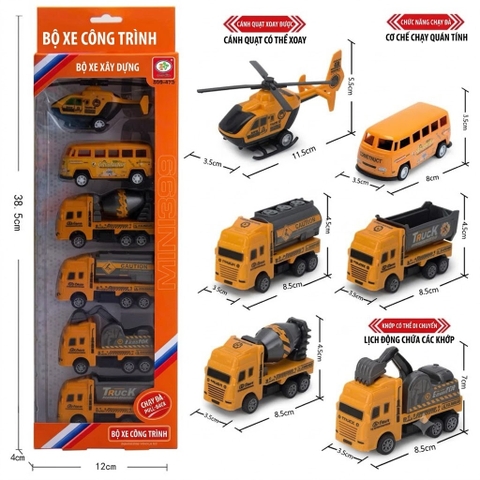 Bộ 6 Xe Công Trình Mini Cho Bé Chạy Đà Pull Back – Đồ Chơi Phương Tiện Xây Dựng